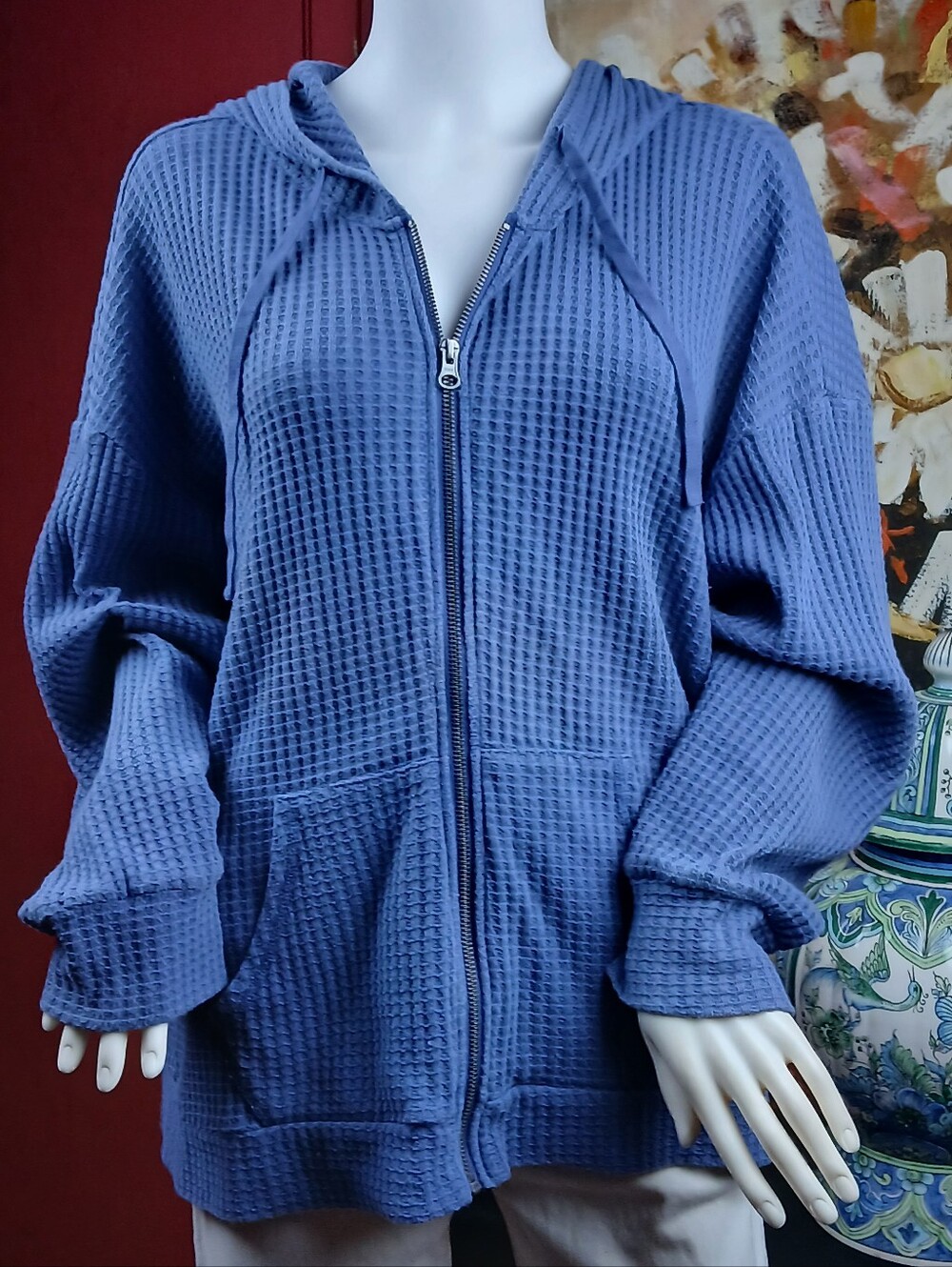 Waffle-Knit Zip Hoodie - Blue